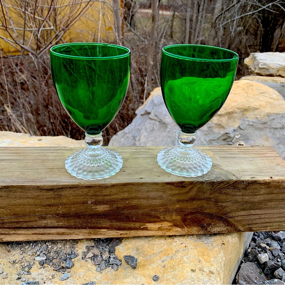 Vintage bubble foot green glass water goblets